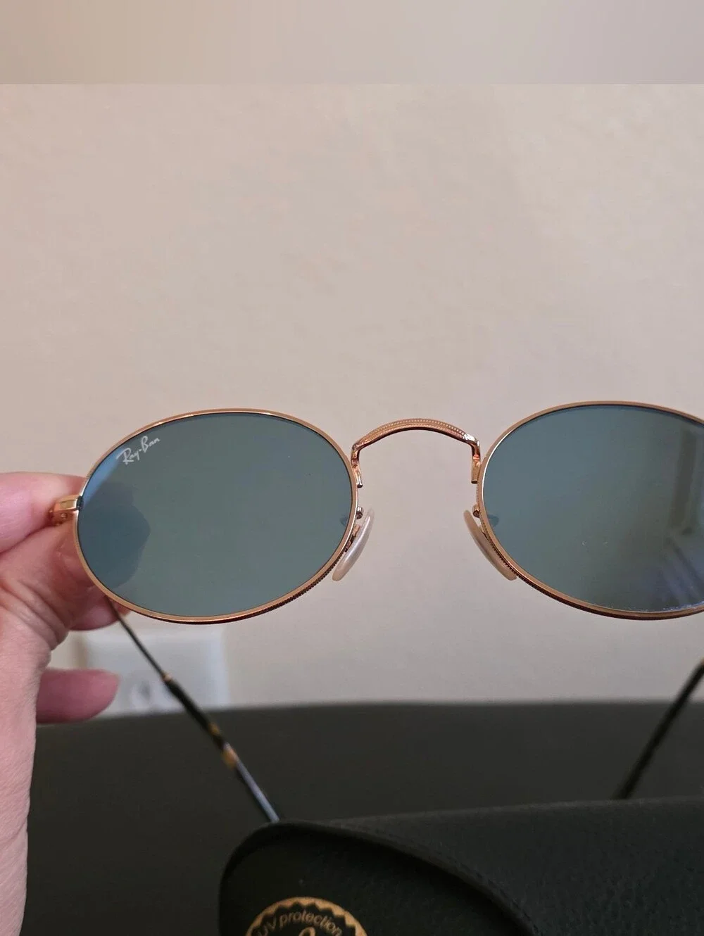 Round Metal Sunglasses in Gold with Green-Blue Lenses